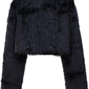 Cropped Faux Fur Cardigan Open Front Fleece Shaggy Winter Jacket (Black) (Large)